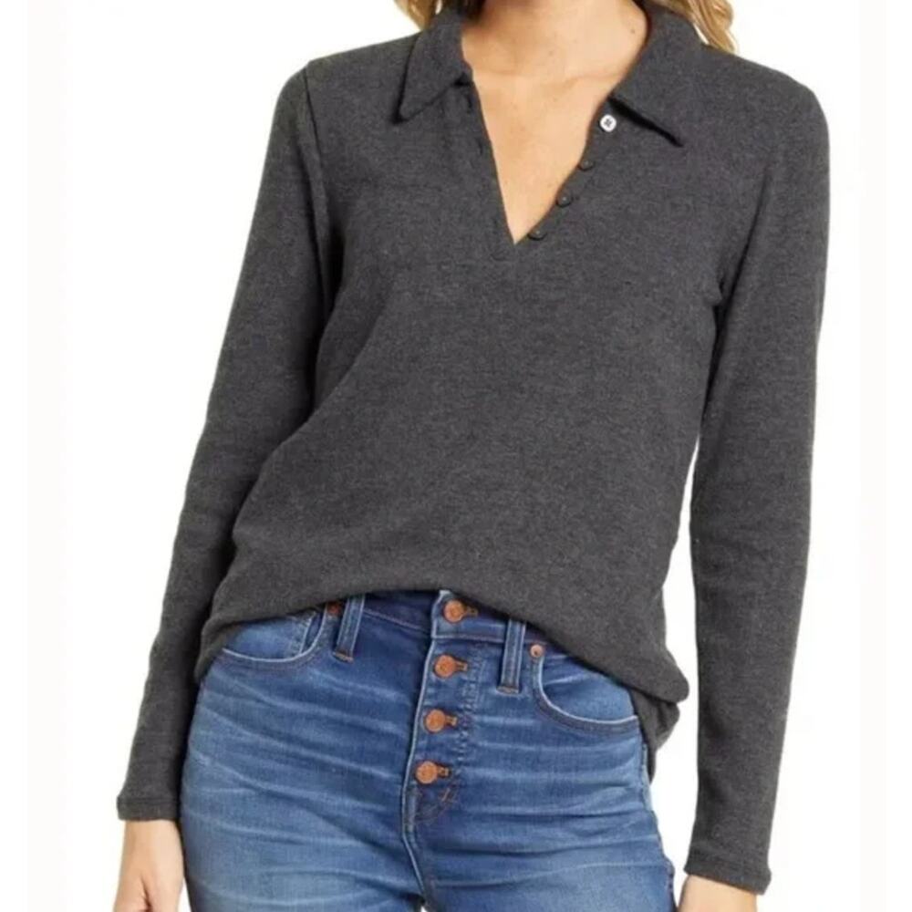 Madewell Ribbed Plush Polo Collared Sweater Dark Gray Women's Size Large